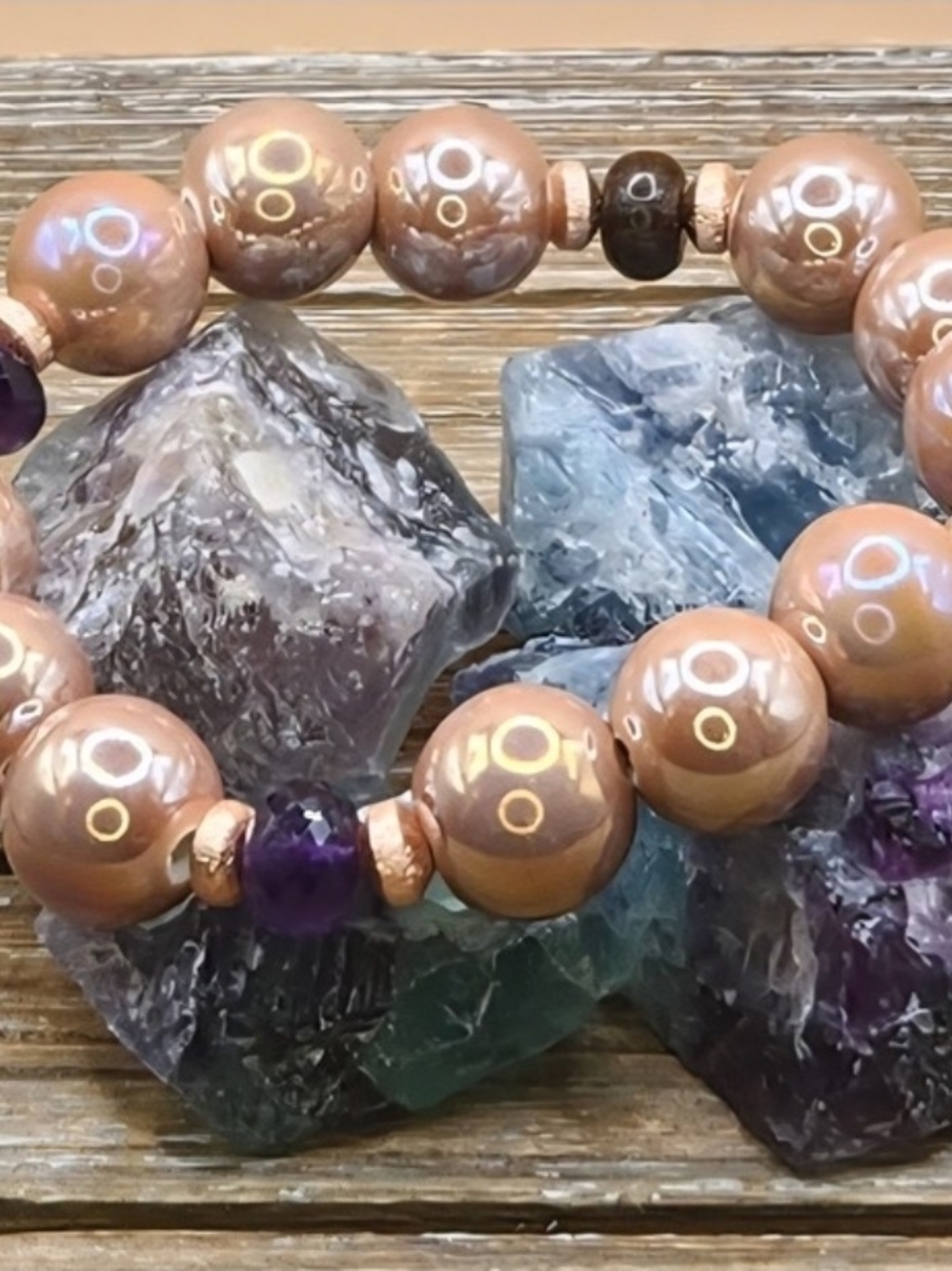 Champagne Ceramic, Amethyst and Rose Gold Beaded Bracelet